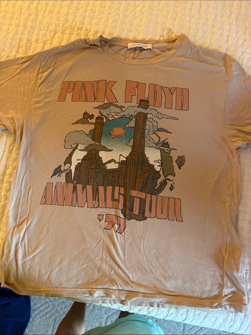 Daydreamer Pink Graphic Band Tee in warm
Tan with Peach Letters